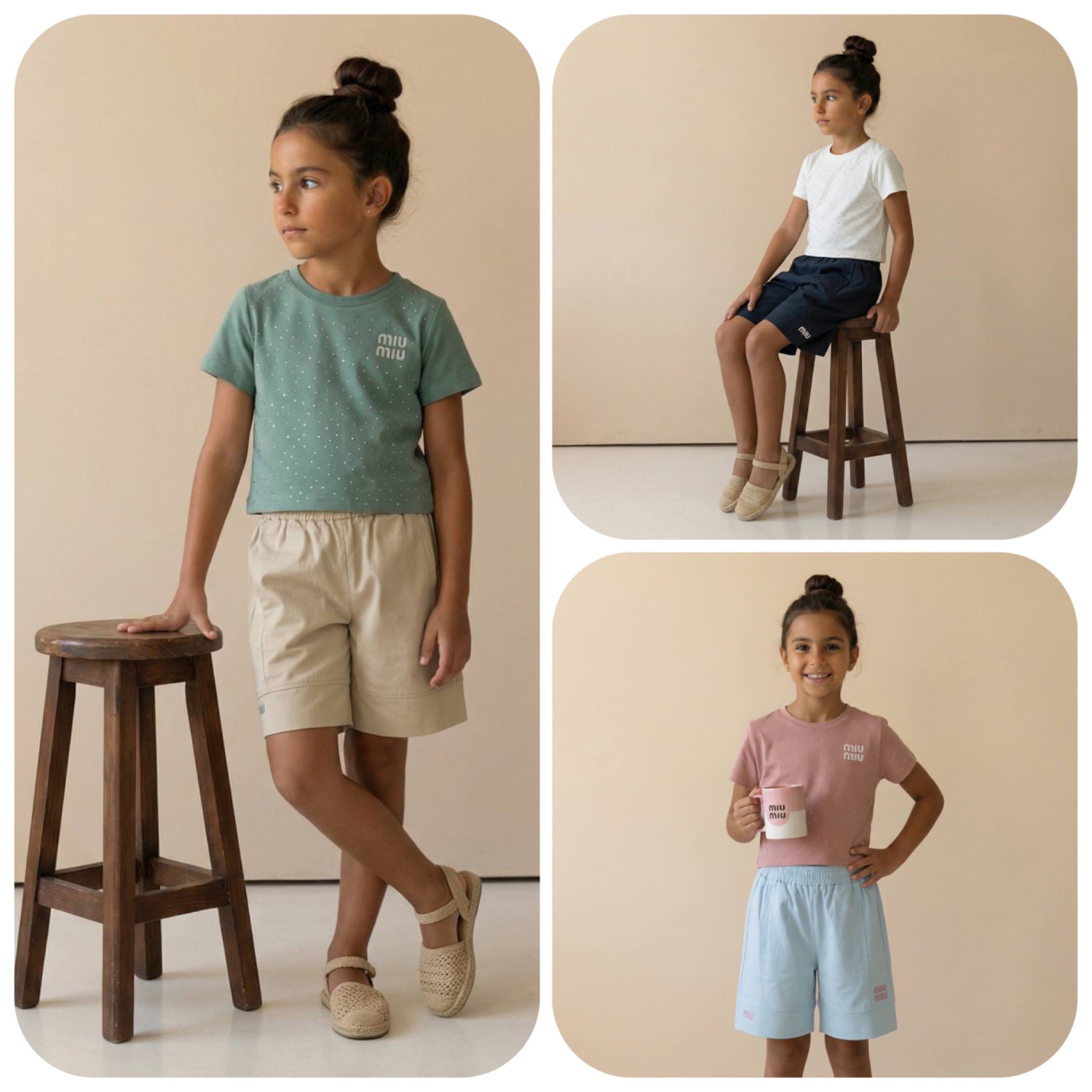 تیشرت شلوارک کتان دخترانه نگین دار miu miu