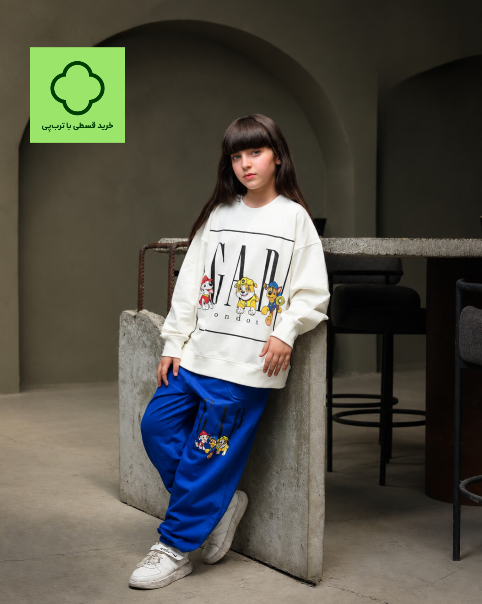 ست پاییزه دخترانه بلوز آستین بلند و شلوار دورس طرح سگهای نگهبان رنگ سفید و آبی سایز ۴ تا ۱۲ سال خرید بلوز پاییزه باکسی دخترانه قسطی